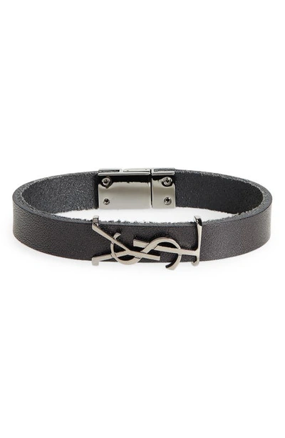 Saint Laurent Logo-detailed Burnished Silver-tone And Leather Bracelet In Black