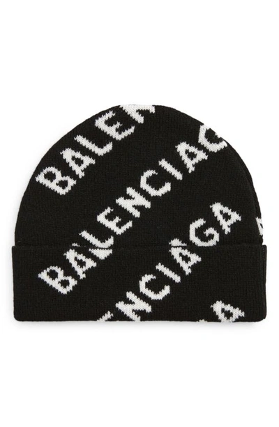 Balenciaga Black Jacquard Logo Beanie In Green