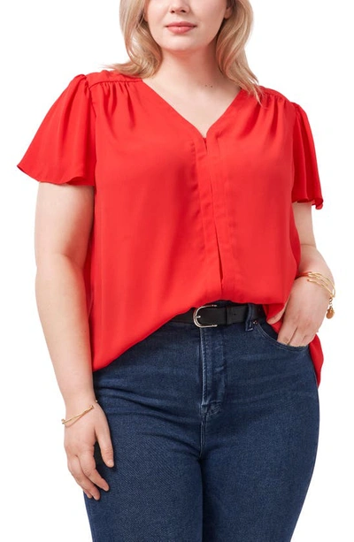 Vince Camuto Flutter Sleeve Rumple Satin Blouse In Red Hot