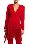 Badgley Mischka Fringe Trim Wrap Jacket In Red