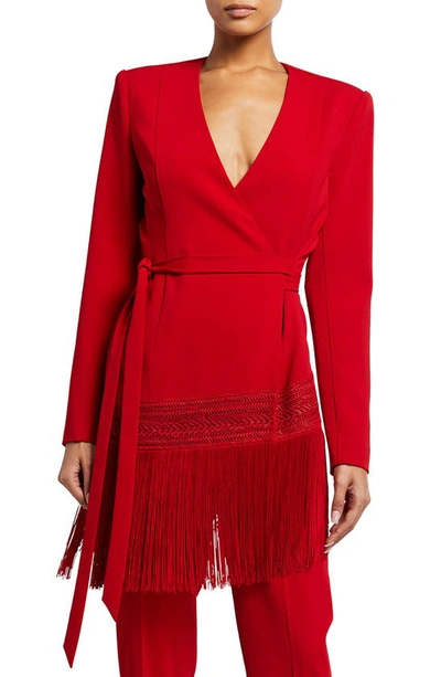 Badgley Mischka Fringe Trim Wrap Jacket In Red