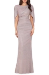 Betsy & Adam Long Glitter Galaxy Cowl Neck Gown In Blush,gold