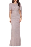 Betsy & Adam Long Glitter Galaxy Cowl Neck Gown In White Pink Gold