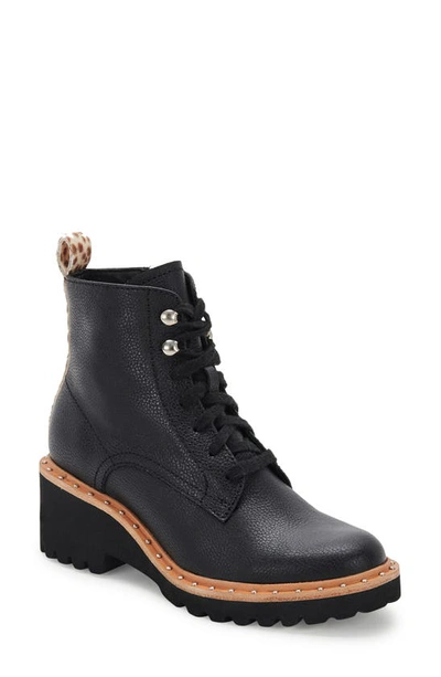 Dolce Vita Hinto Lace-up Wedge Combat Booties Women's Shoes In Black Leather