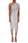 Badgley Mischka One-shoulder Evening Dress In Silver