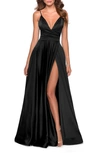 La Femme Long Satin Dress With Side Slit And V Shaped Back In Black