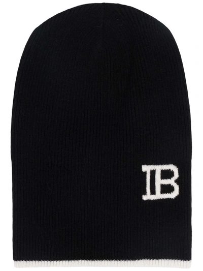 Balmain Logo针织对比边饰套头帽 In Black,white