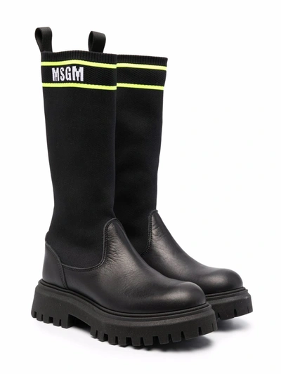 Msgm Kids' Black Boots With White Logo Press, Round Tip And Higher Heel In Nero
