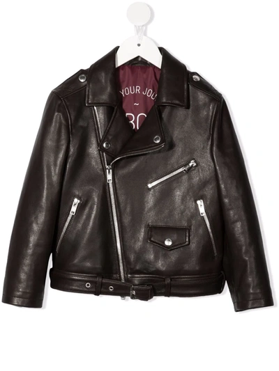 Brunello Cucinelli Kids' Notched-collar Leather Biker Jacket In Brown
