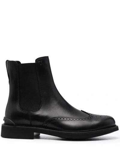 Tod's Perforated Leather Ankle Boots In Nero