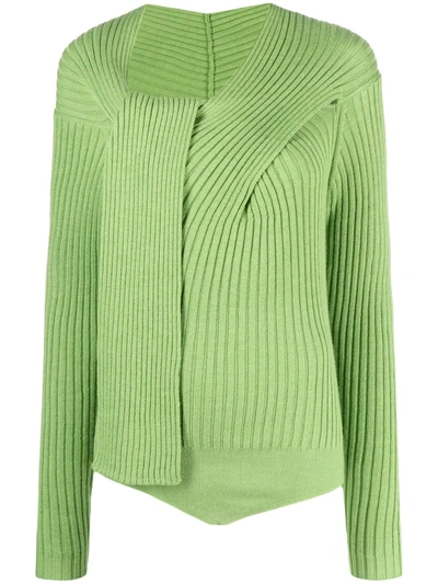 Msgm Ribbed-knit Knot-detail Top In Green