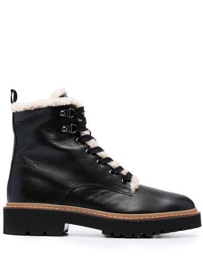 Hogan Faux-shearling Lace-up Combat Boots In Black