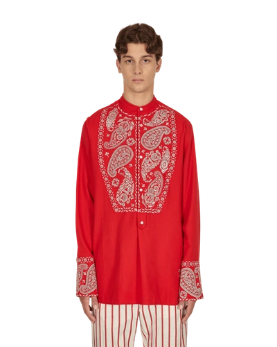 Wales Bonner Mens Scarlet Menelik Embroidered-pattern Organic Cotton Flannel Shirt 40 In Red