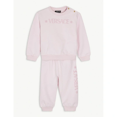 Versace Baby Pink/white Logo-print Round Neck Stretch-cotton Tracksuit 6-24 Months 12-18 Months