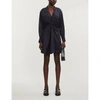 Sandro Celia Ruched Satin-twill Mini Dress In Navy Blue
