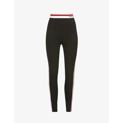 Miu Miu Stretch Cotton Trousers With Contrasting Logo Band In Black
