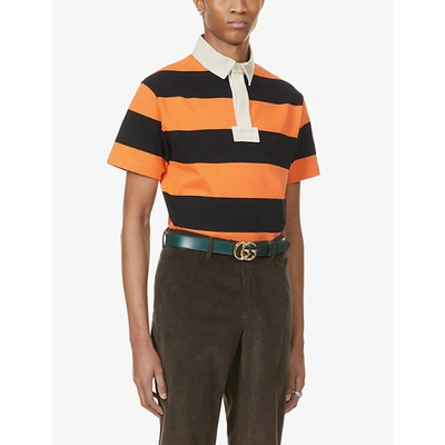Gucci Mens Orange Black Striped Cotton-jersey Polo Shirt S