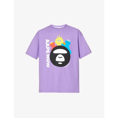 Aape Mens Light Purple X Sesame Street Graphic-print Cotton-jersey T-shirt M
