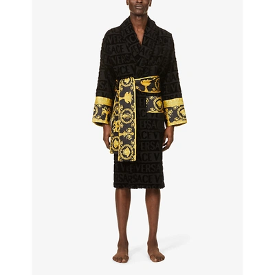 Versace Logo And Baroque-print Cotton-terry Dressing Gown In Black