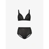GUCCI GUCCI WOMENS BLACK LOGO-EMBROIDERED STRETCH-MESH LINGERIE SET,42760251