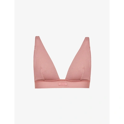 Skims Plunge Brand-embroidered Stretch-cotton Bra In Rose Clay