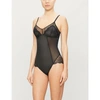 Spanx Spotlight Lace-trimmed Stretch-tulle Bodysuit In Very Black
