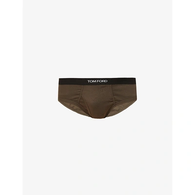 Tom Ford Branded-waistband Fitted Stretch-cotton Briefs In Khaki/olive