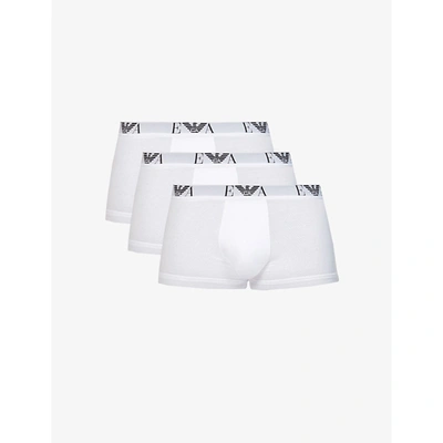 Emporio Armani Logo-print Stretch-cotton Trunks Pack Of Three In Bianco/bianco/bianco