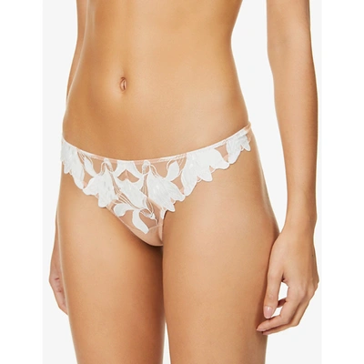 Fleur Du Mal Lily Satin-trimmed Embroidered Stretch-tulle Thong In Ivory