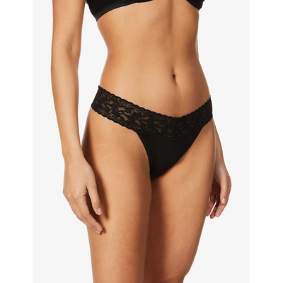 Hanky Panky Lace-trim Original-rise Stretch-cotton Thong In Black