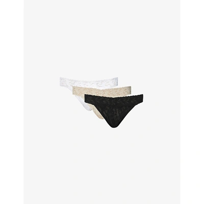 Hanky Panky Pack Of Three Original-rise Stretch-lace Thongs In Black White Chai