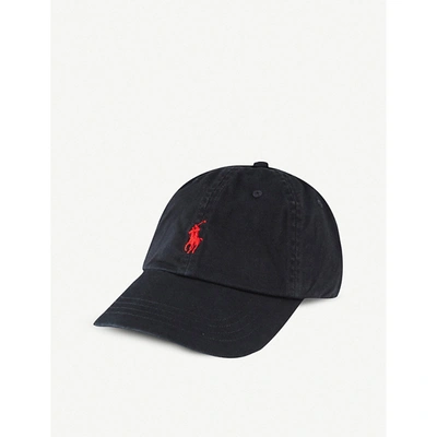 POLO RALPH LAUREN MENS RL BLACK/RL2000 RED LOGO-EMBROIDERED COTTON CHINO BASEBALL CAP,54228047