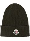Moncler Dark Green Logo-patch Ribbed Beanie In Green