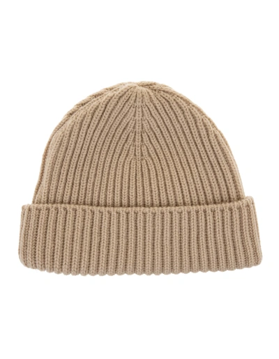 Fedeli Man Beige Ribbed Cashmere Beanie In Castagno