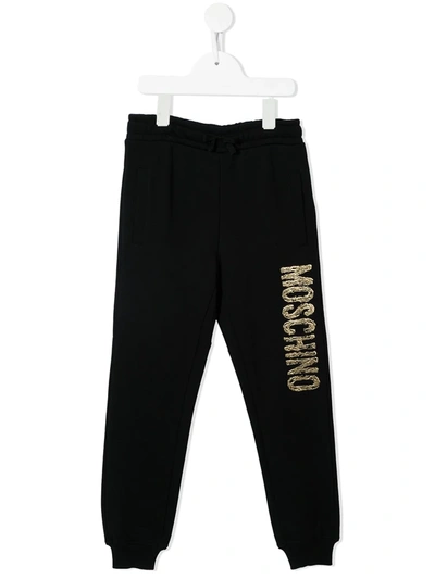 Moschino Kids' Paint-effect Logo-print Track Trousers In Black
