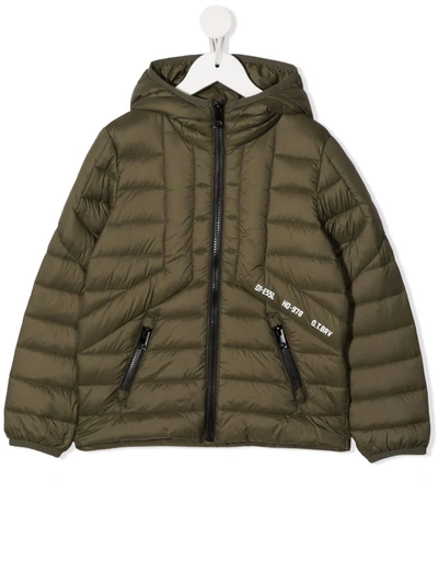 Diesel Kids' Logo Lettering Padded Jacket In Military