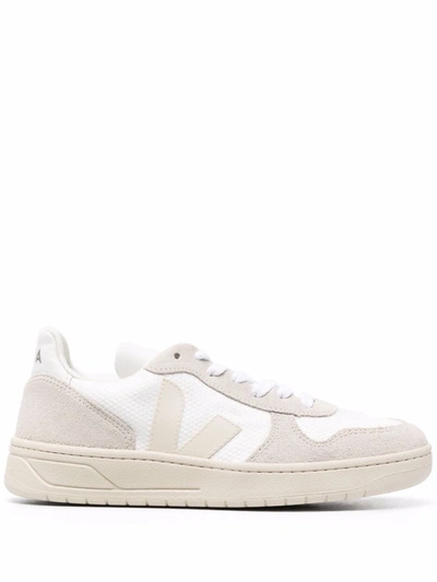 Veja V-10 Mixed Leather Low-top Court Trainers In White