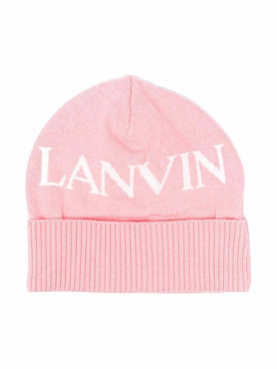 Lanvin Enfant Kids' Intarsia-logo Knitted Beanie In Pink