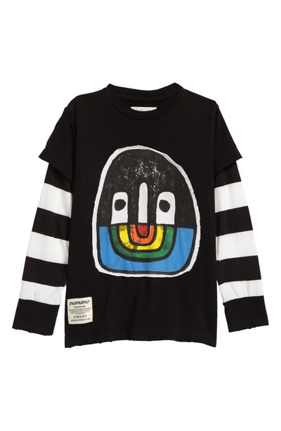 Nununu Kids' Rainbow Smile Patch Cotton Graphic Tee In Black