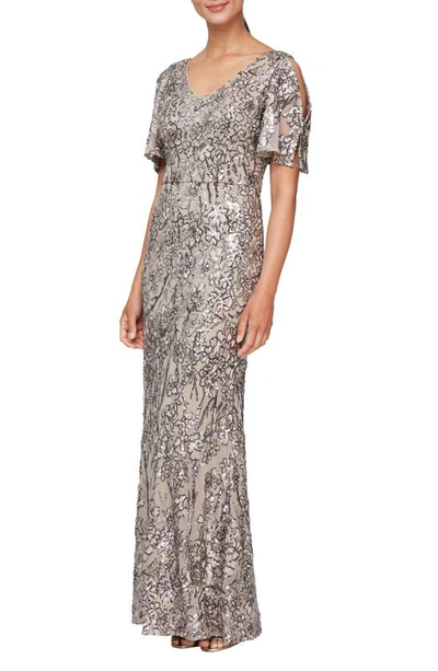 Alex Evenings Sequin Lace Cold Shoulder Trumpet Gown In Blush