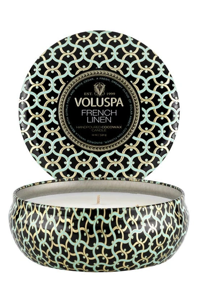 Voluspa Three-wick Tin Candle In French Linen