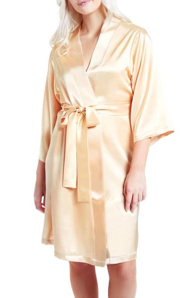 Icollection Long Sleeve Satin Robe In Gold