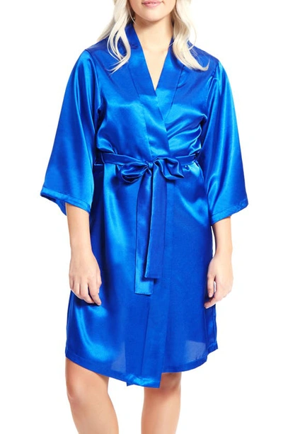 Icollection Plus Size Marina Lux Satin Robe Lingerie In Royal-blue