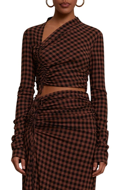 A.l.c Oryn Asymmetric Ruched Checked Crepe Top In Black/ Brandy Brown