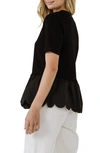 English Factory Mixed Media Scallop Peplum Cotton Top In Black