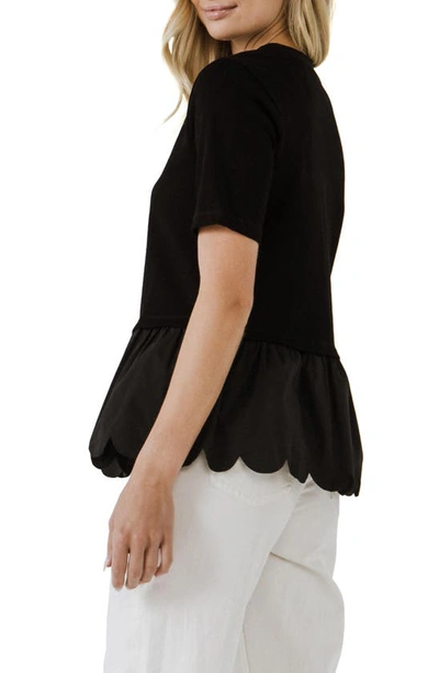 English Factory Mixed Media Scallop Peplum Cotton Top In Black