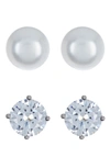 Nordstrom Rack Set Of 2 Sterling Silver Cubic Zirconia & Faux Pearl Stud Earrings In Clear- White- Silver