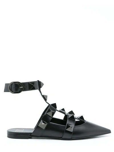 Valentino Roman Stud Ankle-strap Ballerina Flats In Black