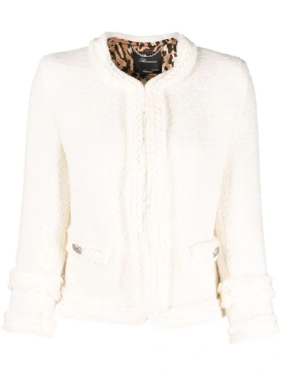 Blumarine White Braided-trim Bouclé-knit Cropped Jacket