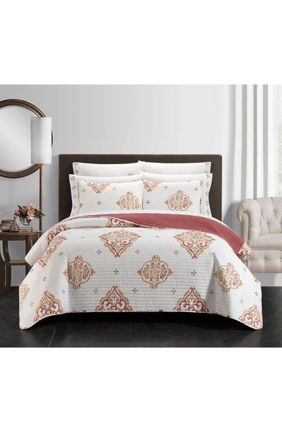 Chic Peugeot Scroll Medallion Pattern Quilt 9-piece Set In Coral/gold/white